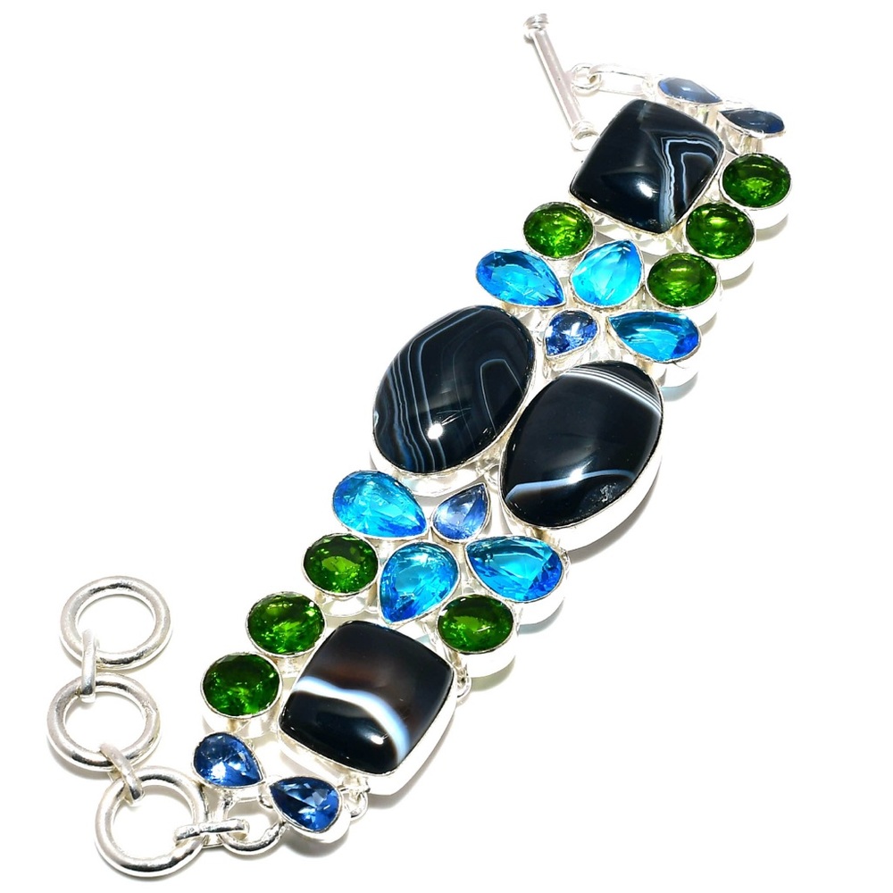 Banded Agate Gemstone Handmade Silver Multi-stone Bracelet